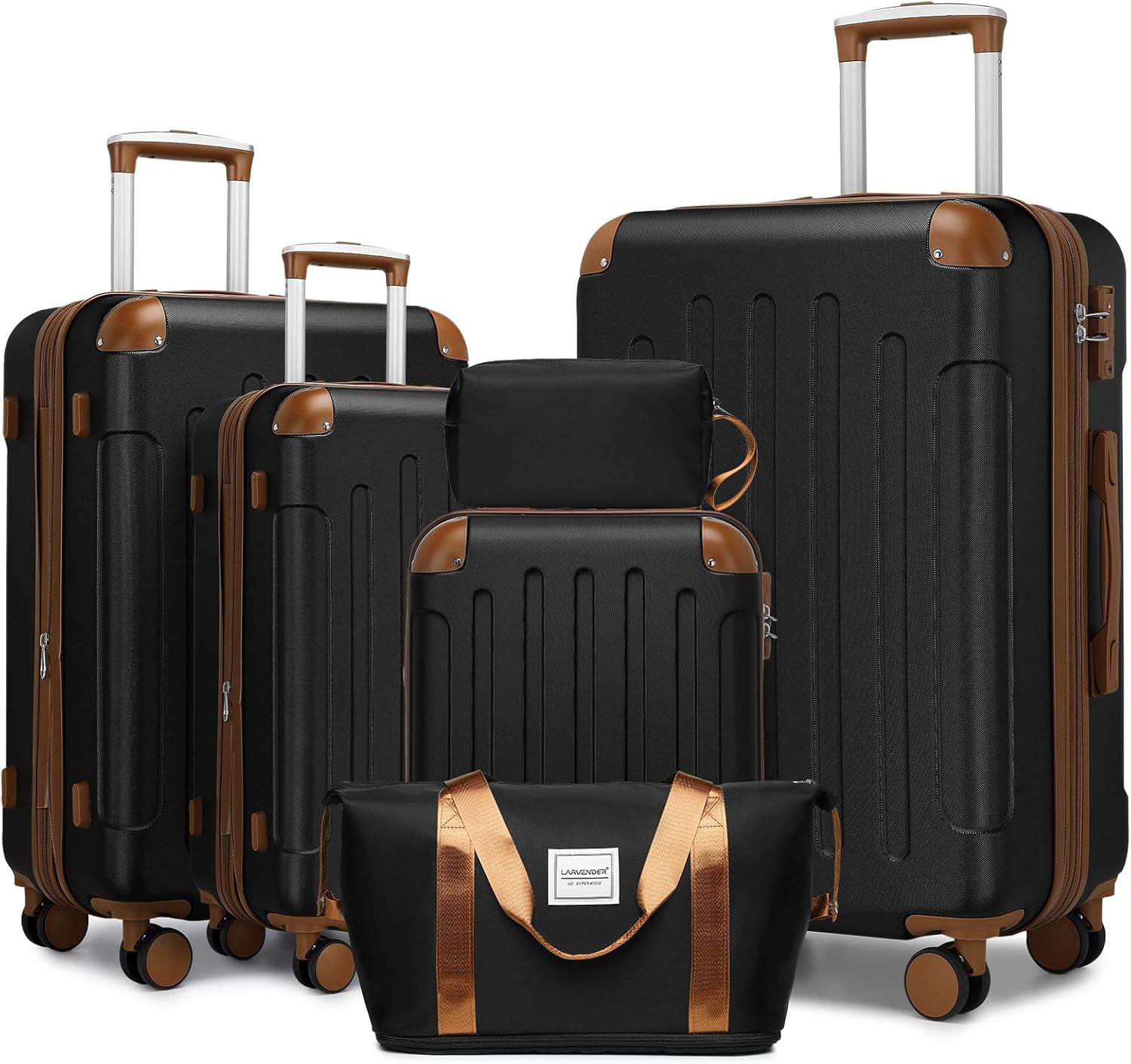 LARVENDER Luggage Sets 6 Piece Suitcases with Wheels, Expandable Suitcase Set ABS Hard Shell Luggage for Women with TSA Lock Double Spinner Wheels (Black Brown, 6 Piece Set)