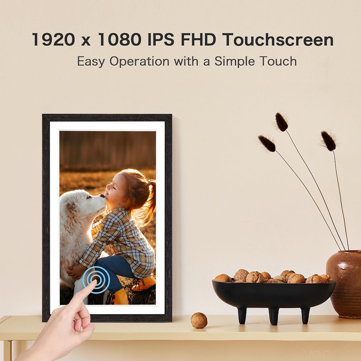 Digital Picture Frame, 15.6 Inch Frameo Digital Frame WiFi, 1920 * 1080 IPS FHD Touchscreen, 32GB, Tabletop&Wall-Mounted, Share Picture Video, Large Electric Photo Frame, Mom Gifts, Black Woodgrain