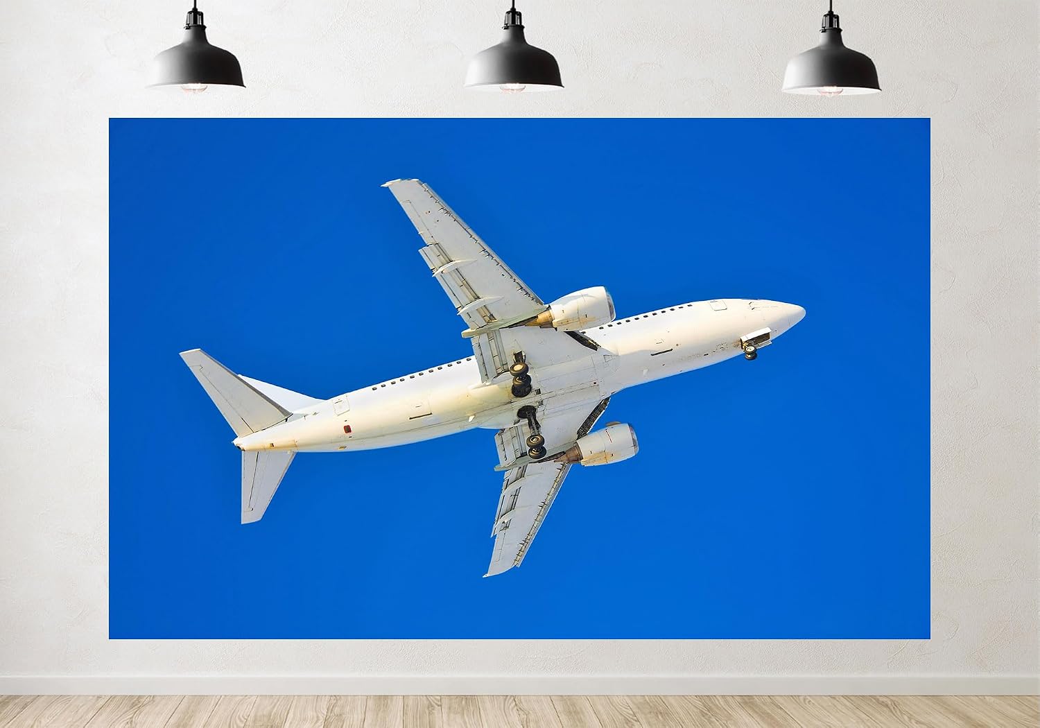 Trykid 20x10ft White Commercial Airplane Backdrop Clear Blue Sky Landing Gear Down Photography Background Home Wall Decor Travel Theme Party Decoration Photo Booth Prop Fabric