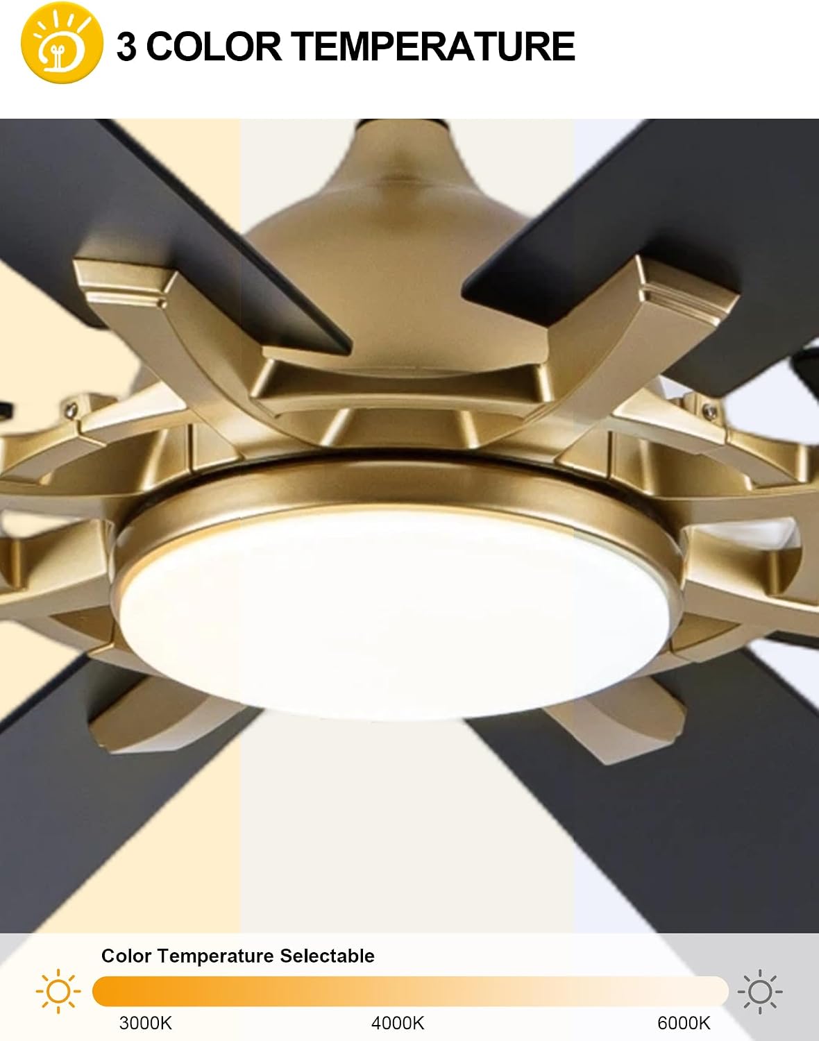 Dawn Whisper Gold Ceiling Fans with Lights 72 Inch Large Modern LED Chandelier Ceiling Fans with Remote for Living Room Bedroom 3 CCT 6 Speed Reversible DC Motor