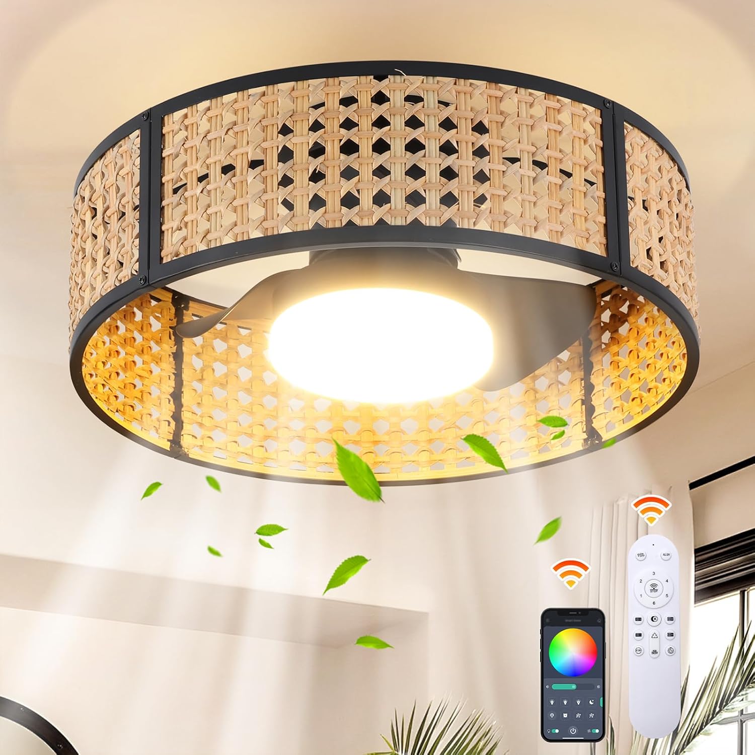 Ganeed 20' Handwoven Rattan Boho Ceiling Fans with Lights, Dimmable RGB LED Wicker Caged Ceiling Fan with Light and Remote, 6 Speed/Reversible Motor Rattan Fandelier for Bedroom Dining Room Nursery