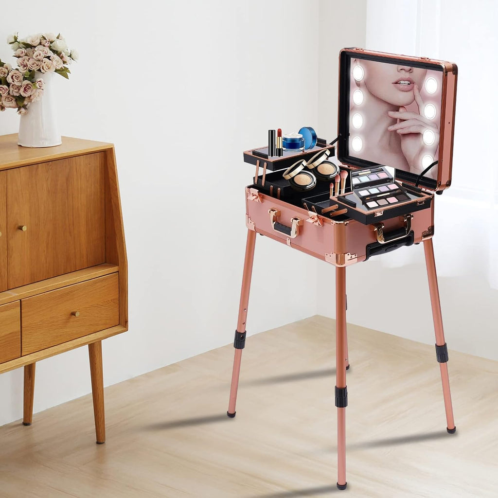 20' Aluminum Trolley Makeup Train Case with Mirror &LED Lights, Professional Cosmetic Organizer Makeup Suitcase with Wheels, Portable Makeup Vanity Rolling Vanity Makeup Station for Travel (Rose Gold)