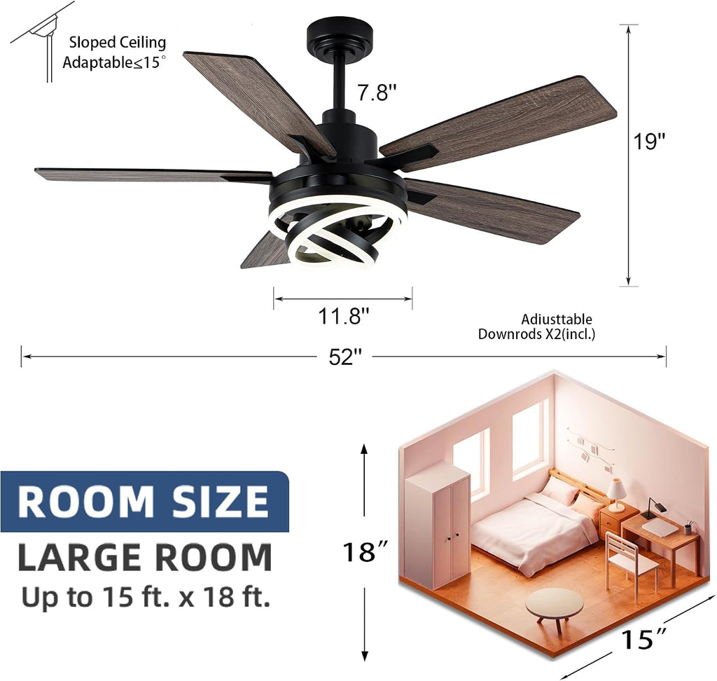 52 Inch Chandelier Ceiling Fans with Lights Remote Control,6 Wind Speeds,3 Lighting Colors Optional,DC Motor,DIY Rings LED,Farmhouse Ceiling Fan for Living Room/Dining Room/Bedroom/Kitchen