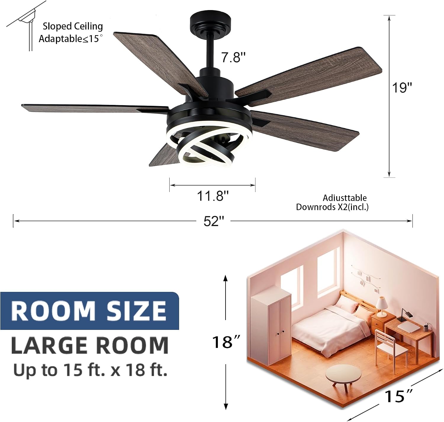 52 Inch Chandelier Ceiling Fans with Lights Remote Control,6 Wind Speeds,3 Lighting Colors Optional,DC Motor,DIY Rings LED,Farmhouse Ceiling Fan for Living Room/Dining Room/Bedroom/Kitchen