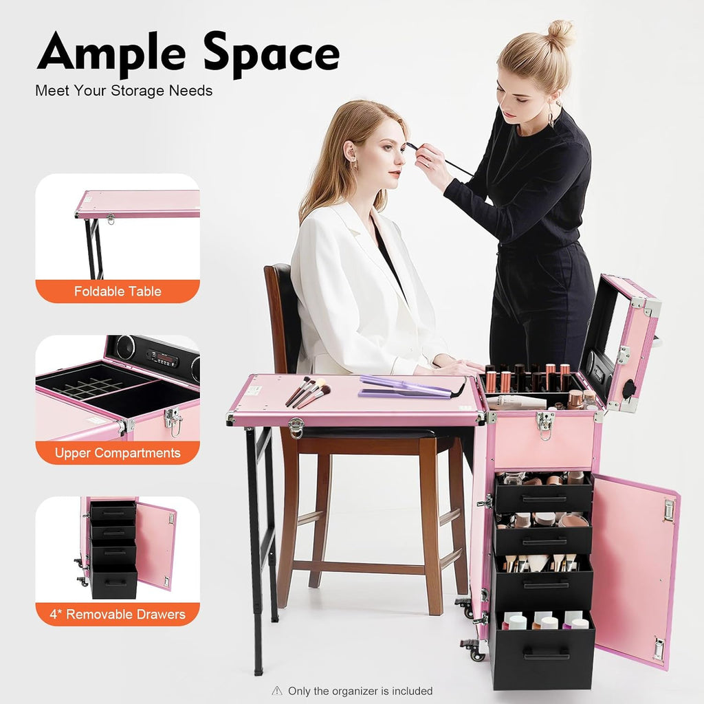 Rolling Manicure Table Train Case with 4 Universal Wheels,Professional Makeup Suitcase With Drawers & Unfold Table,2 Built-In Music Speakers,Travel Cosmetic Storage Train for Makeup Artist,Hairstylist