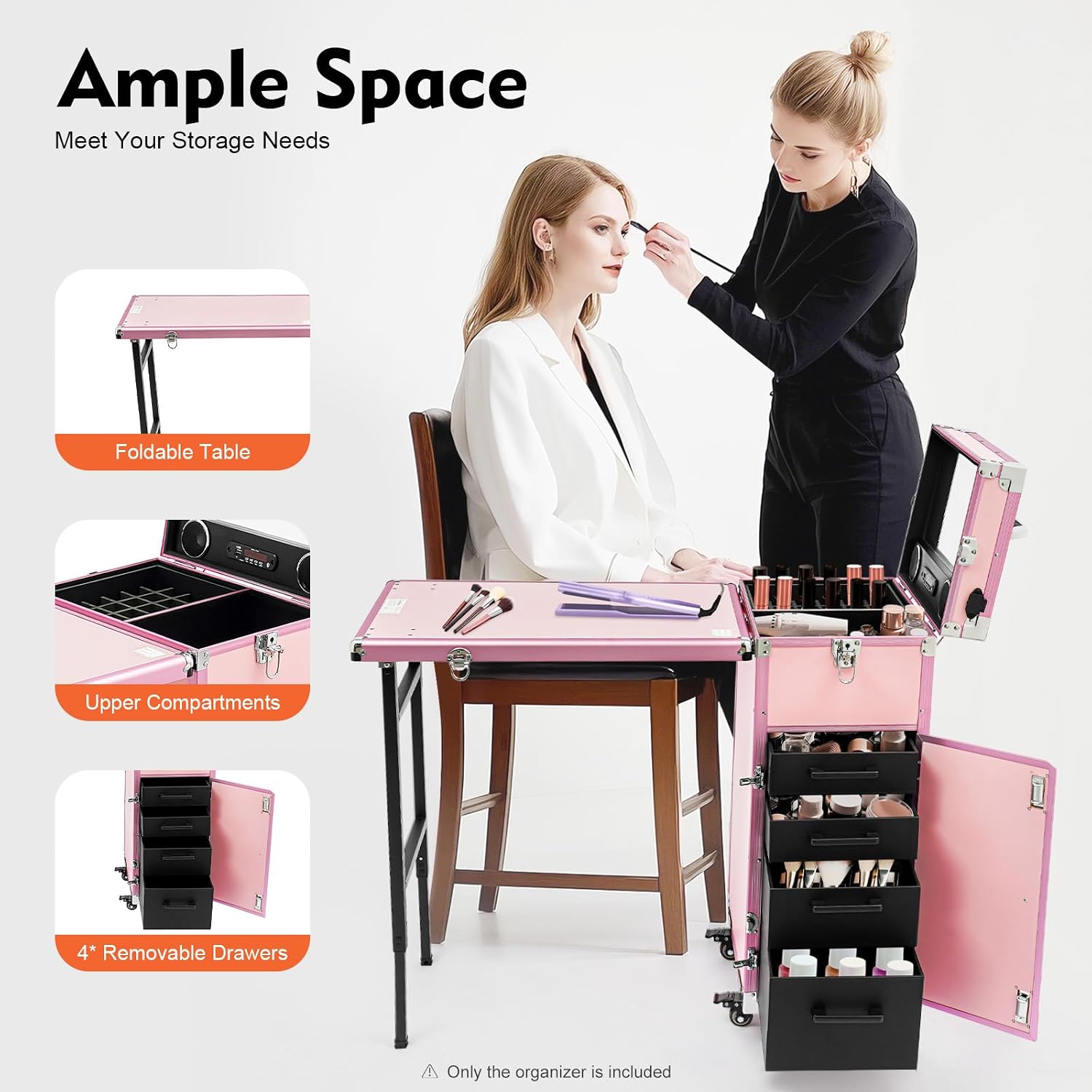 Rolling Manicure Table Train Case with 4 Universal Wheels,Professional Makeup Suitcase With Drawers & Unfold Table,2 Built-In Music Speakers,Travel Cosmetic Storage Train for Makeup Artist,Hairstylist