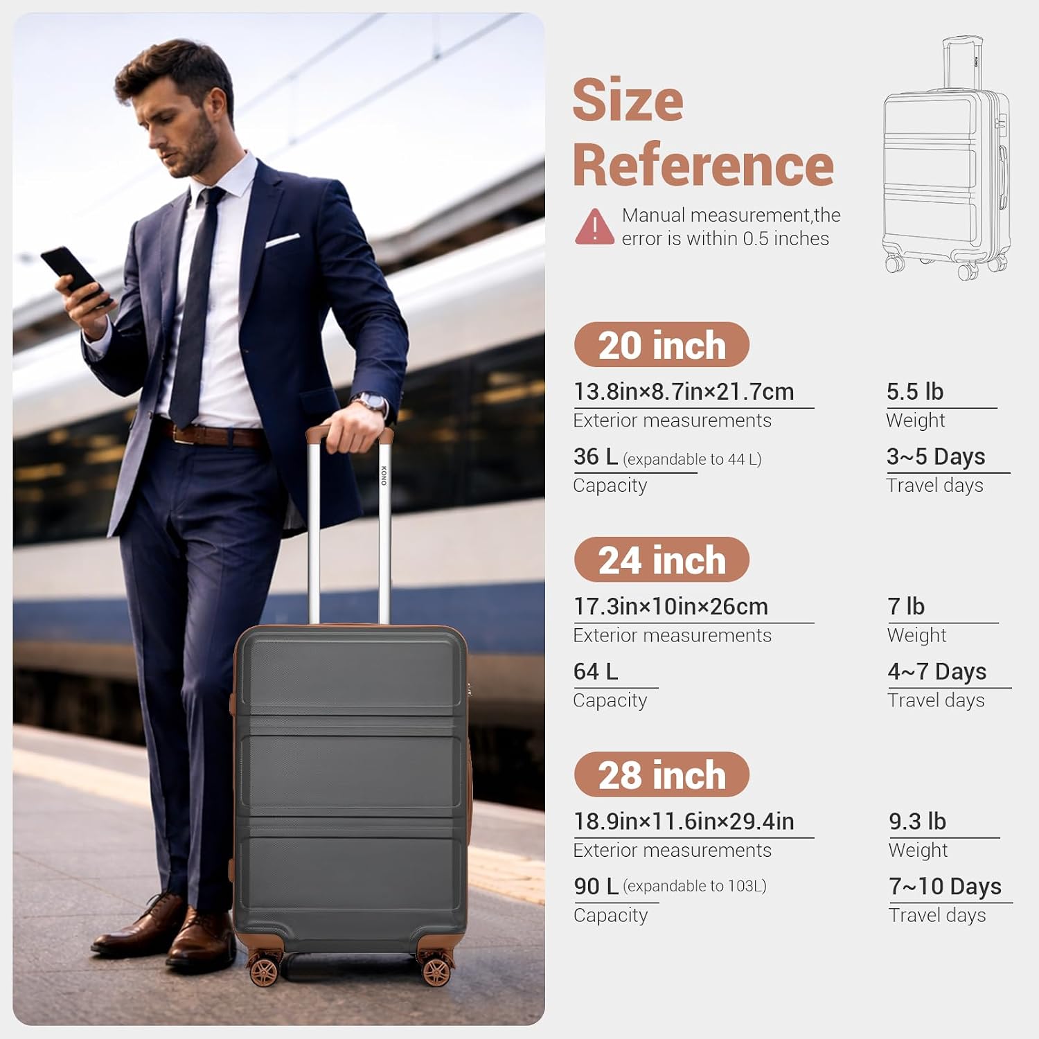 Kono 3 Piece Luggage Sets with Spinner Wheels TSA Lock Lightweight PC+ABS Hardside Travel Rolling Suitcases 20in 24in 28in Carry on Apricot Grey