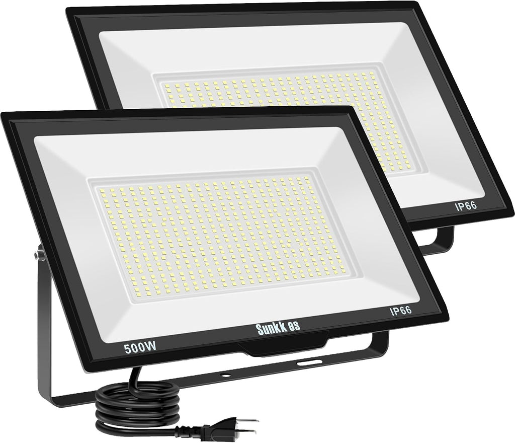 500W LED Flood Lights Outdoor 2 Pack, IP66 Waterproof, 6000K Daylight White Security Lights Outside Bulb, Exterior Wall Lights for Yard Stadium Garden