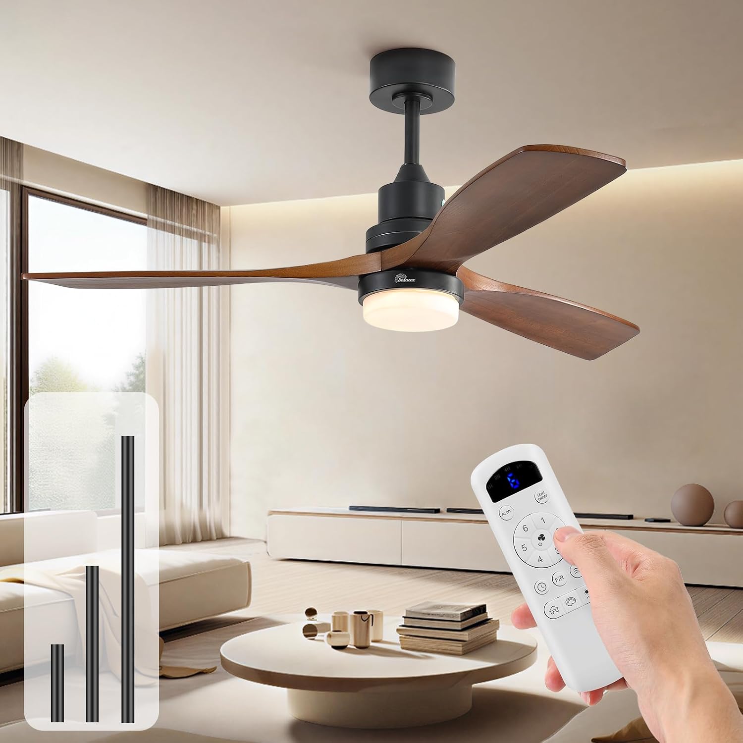 Sofucor 52 Inch Ceiling Fans with Lights and Remote, Low Profile Wood Ceiling Fan with Light Dimmable/Timer 6-Speed Reversible DC Motor for Bedroom Living Room Indoor Outdoor