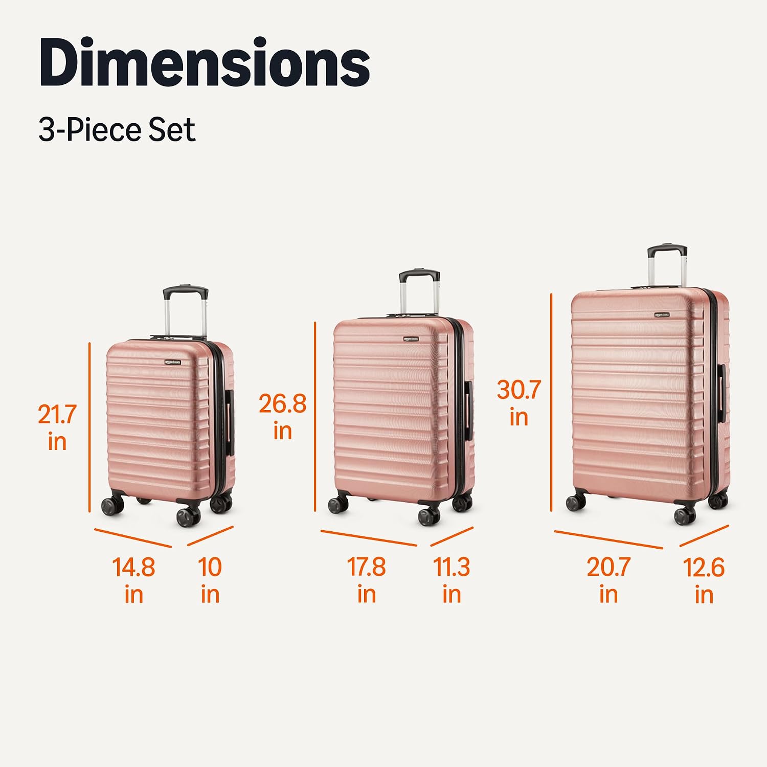 Amazon Basics 3-Piece Hardshell Suitcases Set (21', 26', 30'), Expandable For Up to 25% More Space, With Scratch-Resistant Finish, Four Multi-Directional Wheels, Rose Gold