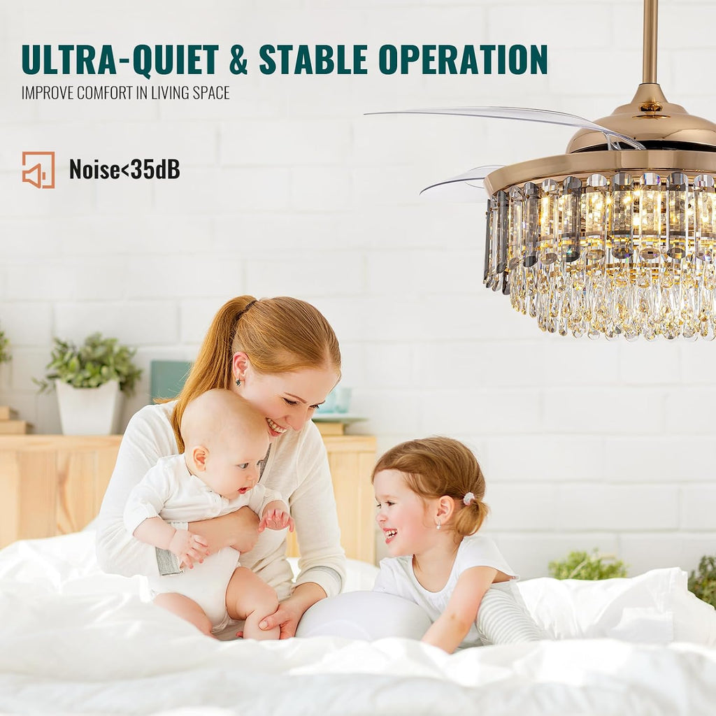 Siljoy 52'' Crystal Ceiling Fans with Lights and Remote, Modern Rose Gold Crystal Chandelier with Fan, 6 Speeds, Luxury Dimmable Fandelier for Living Room Dining Room Bedroom Nursery