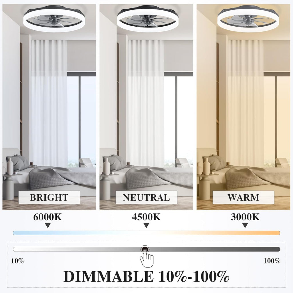 Ceiling Fans with Lights and Remote Fandelier - 20'' Flush Mount Low Profile Modern Black Ceiling Fans for Bedroom - Stepless Color Temperature Change and 6 Speeds, Black