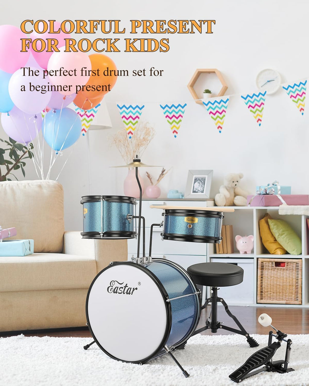 Kids Drum Set Eastar 3-Piece for Beginners, 14 inch Drum Kit with Adjustable Throne, Cymbal, Pedal & Two Pairs of Drumsticks, Junior Drum Set with Bass Tom Snare Drum, Metallic Sky Blue