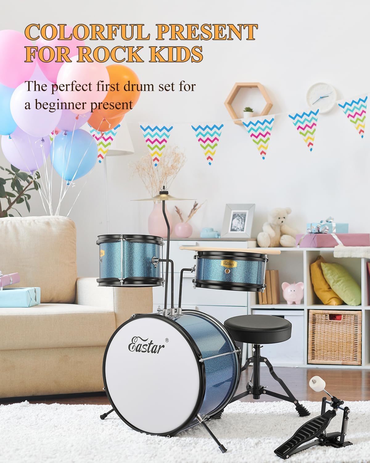 Kids Drum Set Eastar 3-Piece for Beginners, 14 inch Drum Kit with Adjustable Throne, Cymbal, Pedal & Two Pairs of Drumsticks, Junior Drum Set with Bass Tom Snare Drum, Metallic Sky Blue