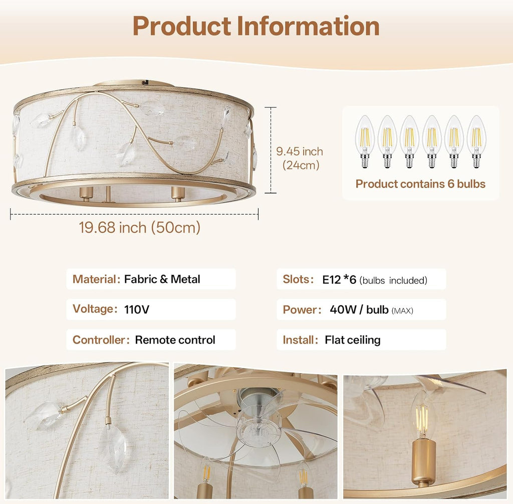 Caged Flush Mount Ceiling Fans with Lights, 20' Gold Boho Ceiling Fan, Low Profile Crystal Ceiling Fan with Light Remote Control, Small Mid Century Bladeless for Bedroom(6 E12 Bulb Include)