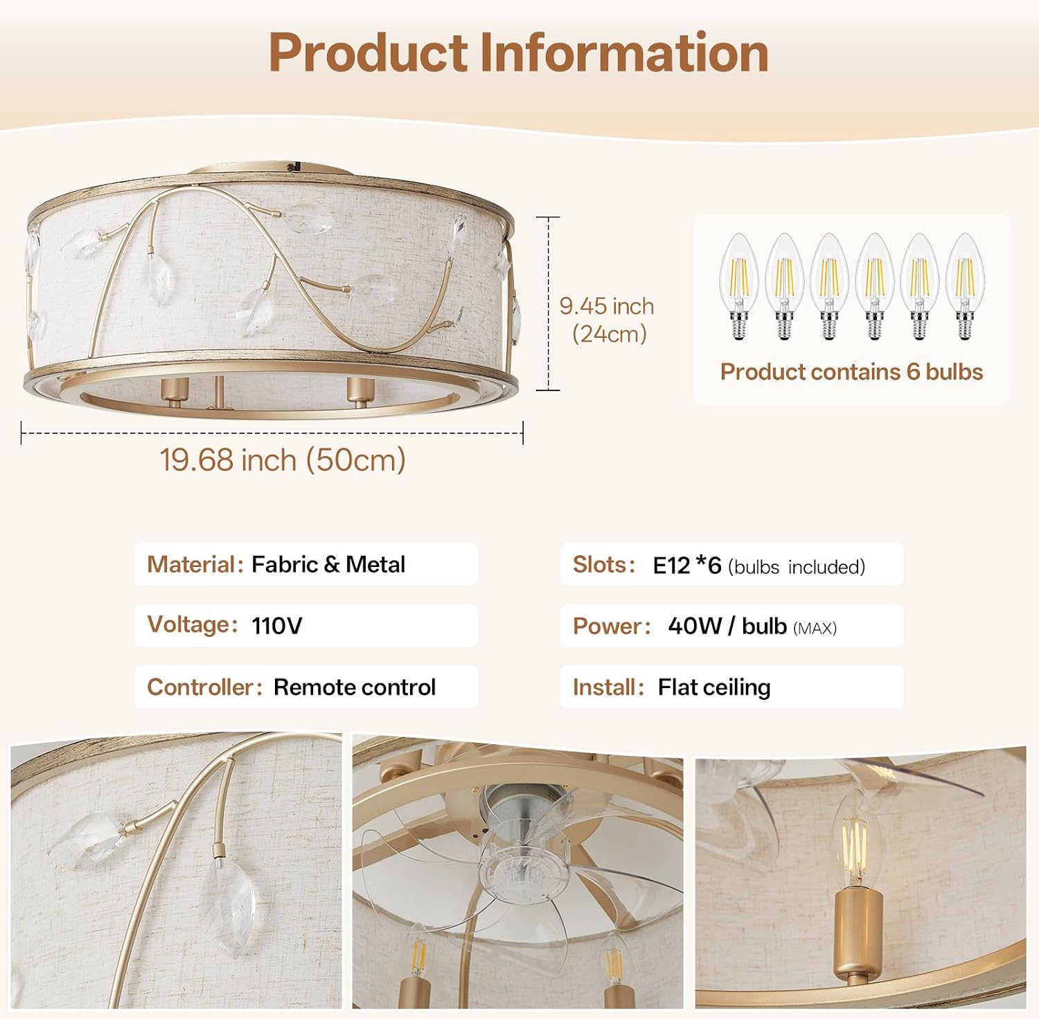 Caged Flush Mount Ceiling Fans with Lights, 20' Gold Boho Ceiling Fan, Low Profile Crystal Ceiling Fan with Light Remote Control, Small Mid Century Bladeless for Bedroom(6 E12 Bulb Include)