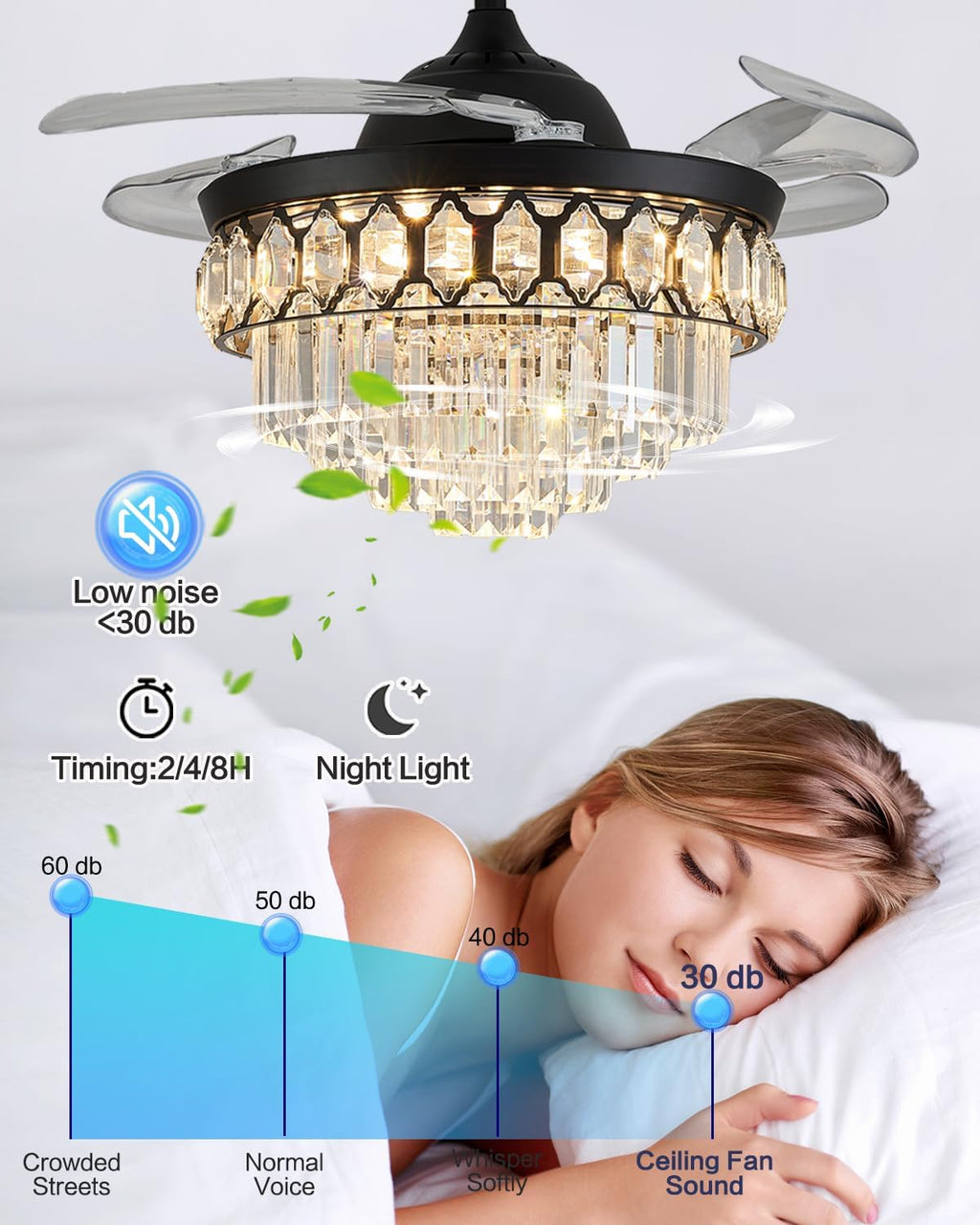 42' Dimmable Black Fandelier Crystal LED Ceiling Fans with Lights and Remote Modern Retractable Blade Ceiling Lighting Fan for Bedroom Dinning Room Living Room