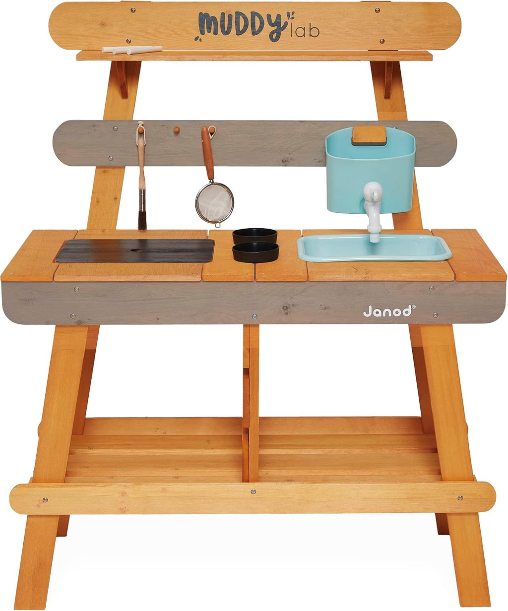 Janod Muddy Lab - Outdoor Sensory Activity Station with Water Play - 37.5' High - Includes 10 Accessories - Ages 3-8 Years - J06632
