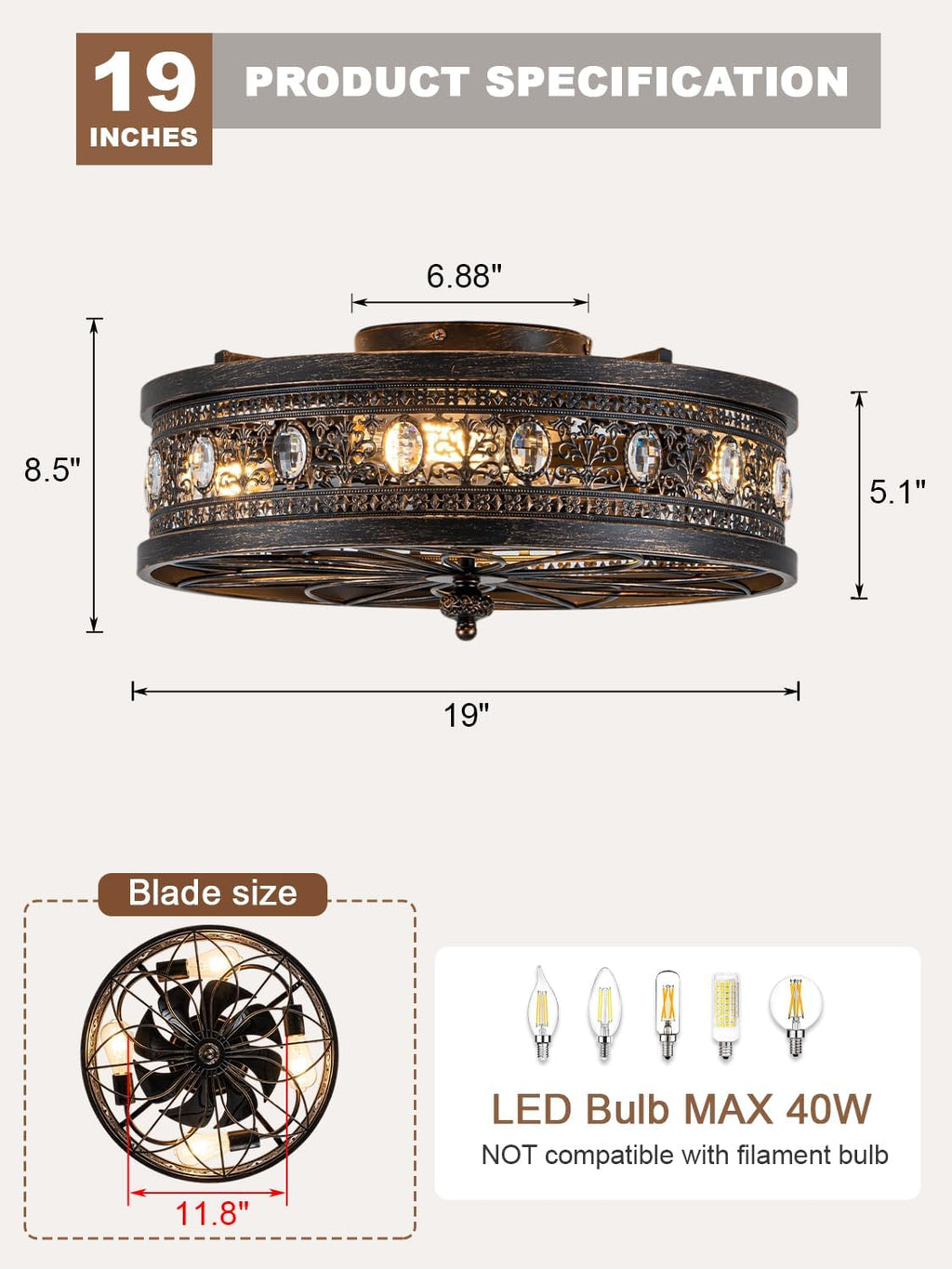 Dawn Whisper Vintage Victorian Caged Flush Mount Ceiling Fans with Lights | Vintage look/French Styling Caged Design with Crystal Accents Ideal Small-Space Flush Mount for Bedroom