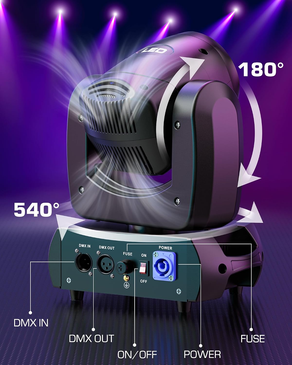 HOLDLAMP 120W LED Moving Head Light, Moving Head DJ Lights with Rotating Gobos (18-Facet Prism) and 8 Colors with DMX and Sound Activated Modes for Wedding Parties Church Band Show Bar (Set of 2)