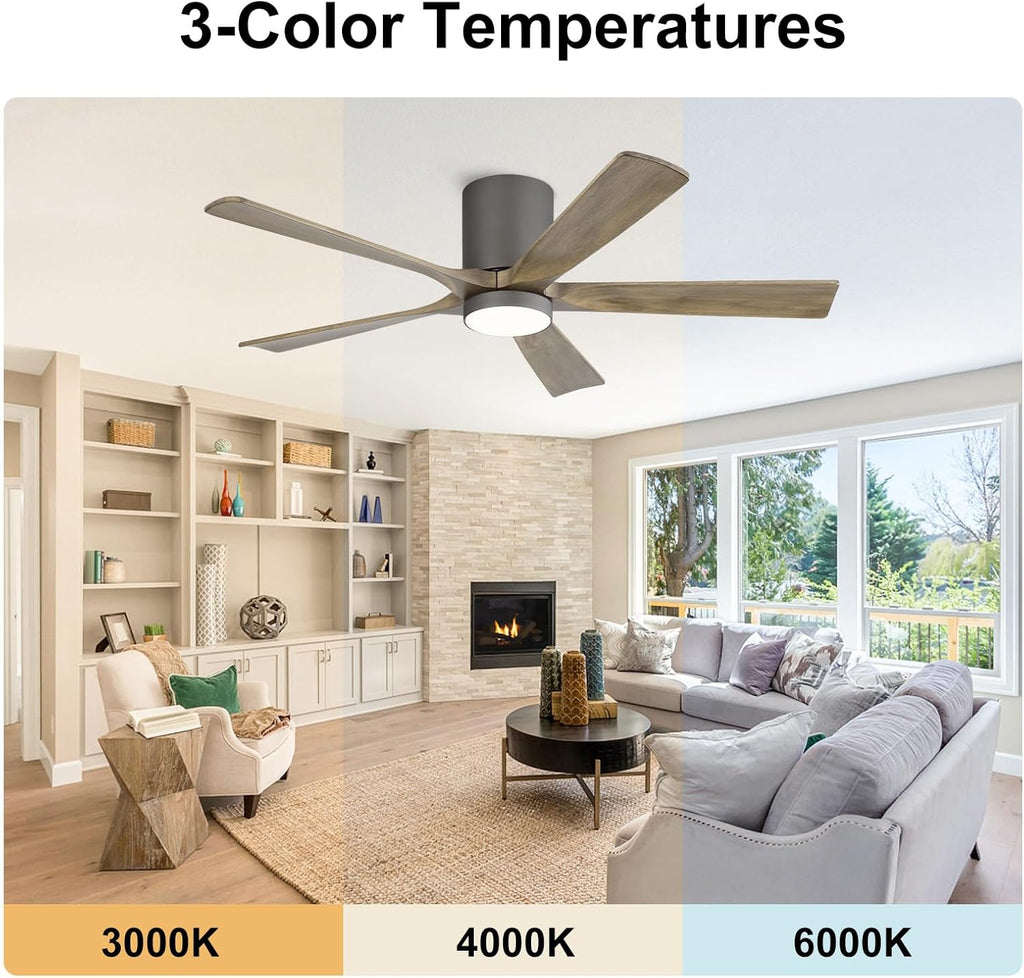 ELEHINSER 52 Inch Flush Mount Ceiling Fan with Lights, Low Profile Modern Ceiling Fan with Remote, Quiet DC Motor, 6-Speed, 3CCT,Timer, 5 Solid Wood Blades, Charcoal Grey