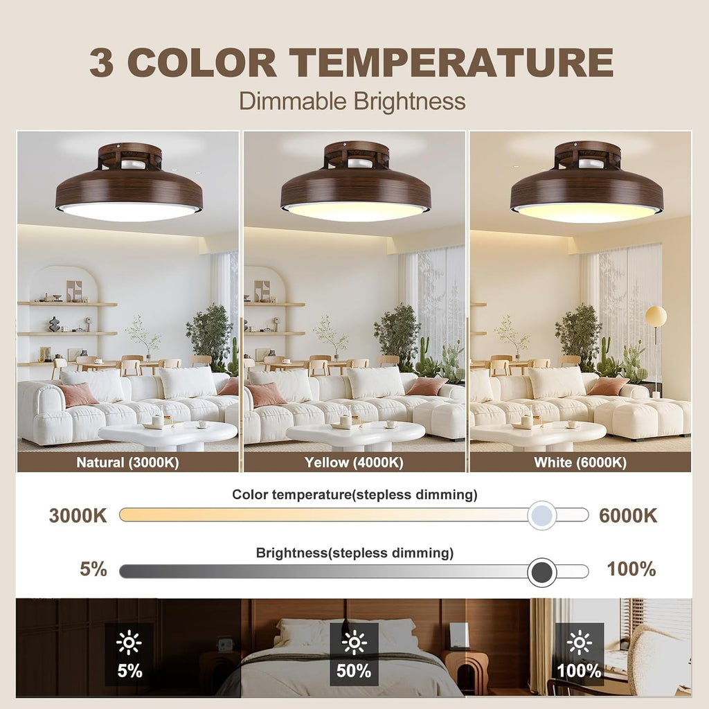 20' Bladeless Ceiling Fan with Light and Remote, LED Low Profile Flush Mount Ceiling Fan with 6 Speed Dimmable, 3000-6000K, Enclosed Modern Ceiling Fans for Bedroom Living Room