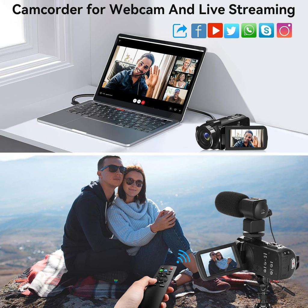 Video Camera, 8K Camcorder 48MP Vlogging Camera for YouTube 18X Digital Zoom 3' Touch Screen with WiFi, External Mic, Fill Light, Remote Control, 32GB SD Card & 2 Batteries