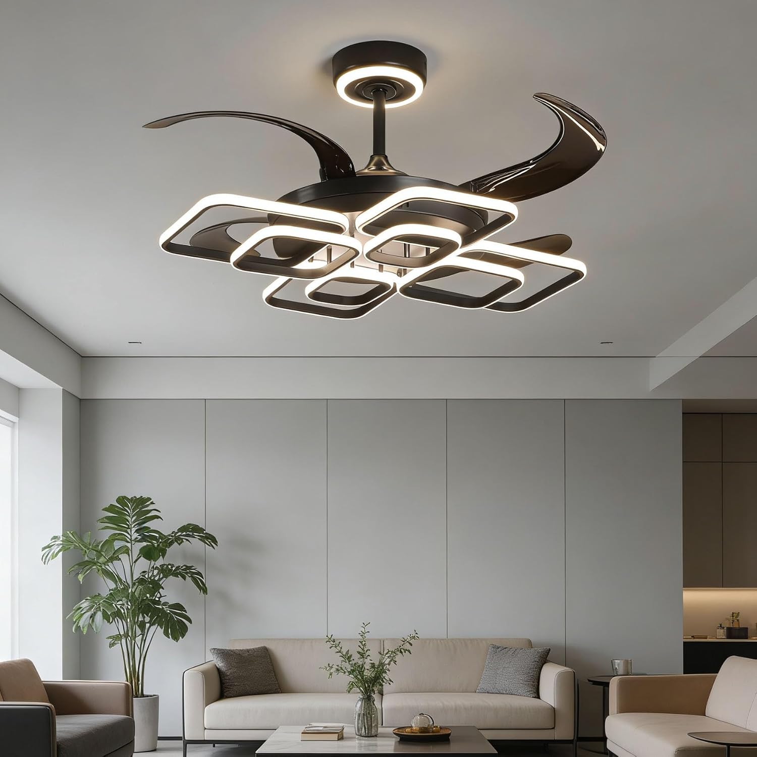 48' Ceiling Fans with Lights and Remote Control 3000-6000K Dimmable Morden LED Fans Light, 6 Wind Speeds, Black Chandelier Ceiling Fans for Bedroom Living Room