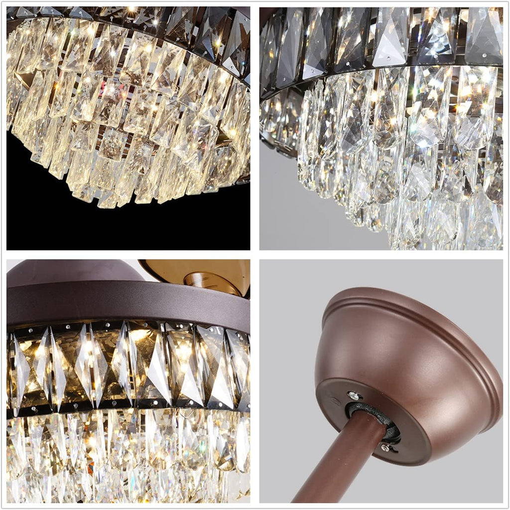 42' Crystal Fandelier Ceiling Fan, Brown Crystal Chandelier Fan, Ceiling Fans with Retractable Blades Lights and Remote with 3 Colors 3 Speeds for Dinning Room Bedroom