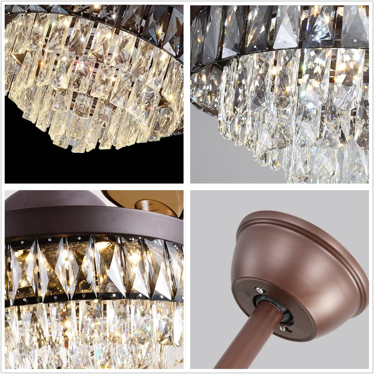 42' Crystal Fandelier Ceiling Fan, Brown Crystal Chandelier Fan, Ceiling Fans with Retractable Blades Lights and Remote with 3 Colors 3 Speeds for Dinning Room Bedroom