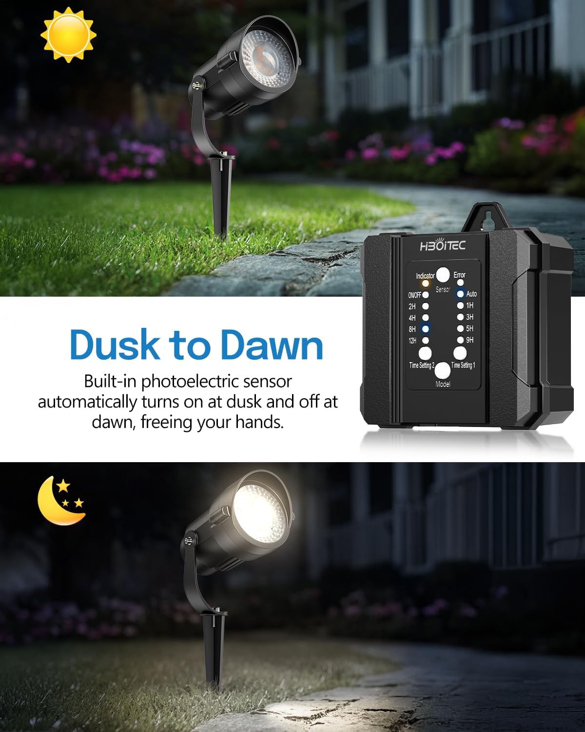 HIBOITEC Low Voltage Landscape Lighting 1200LM 12W with Connectors 100W Transformer Photocell Sensor and Timer Spotlights Landscape Lights Kit IP65 Waterproof 5000K for House Yard Trees Garden 8 Packs