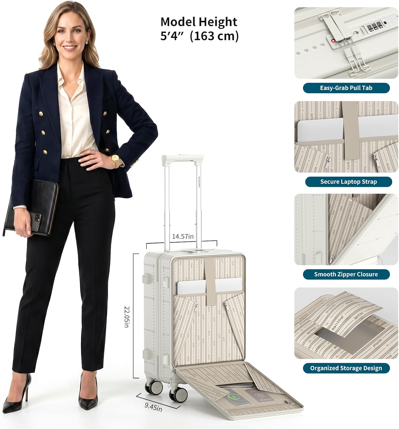 Santino Carry On Luggage 22x14x9 Airline Approved 20 Inch baggage pc Hard Shell Suitcase with Spinner Wheels TSA Lock with USB Port and Cup Holder and phone holder Top Opening Suitcase
