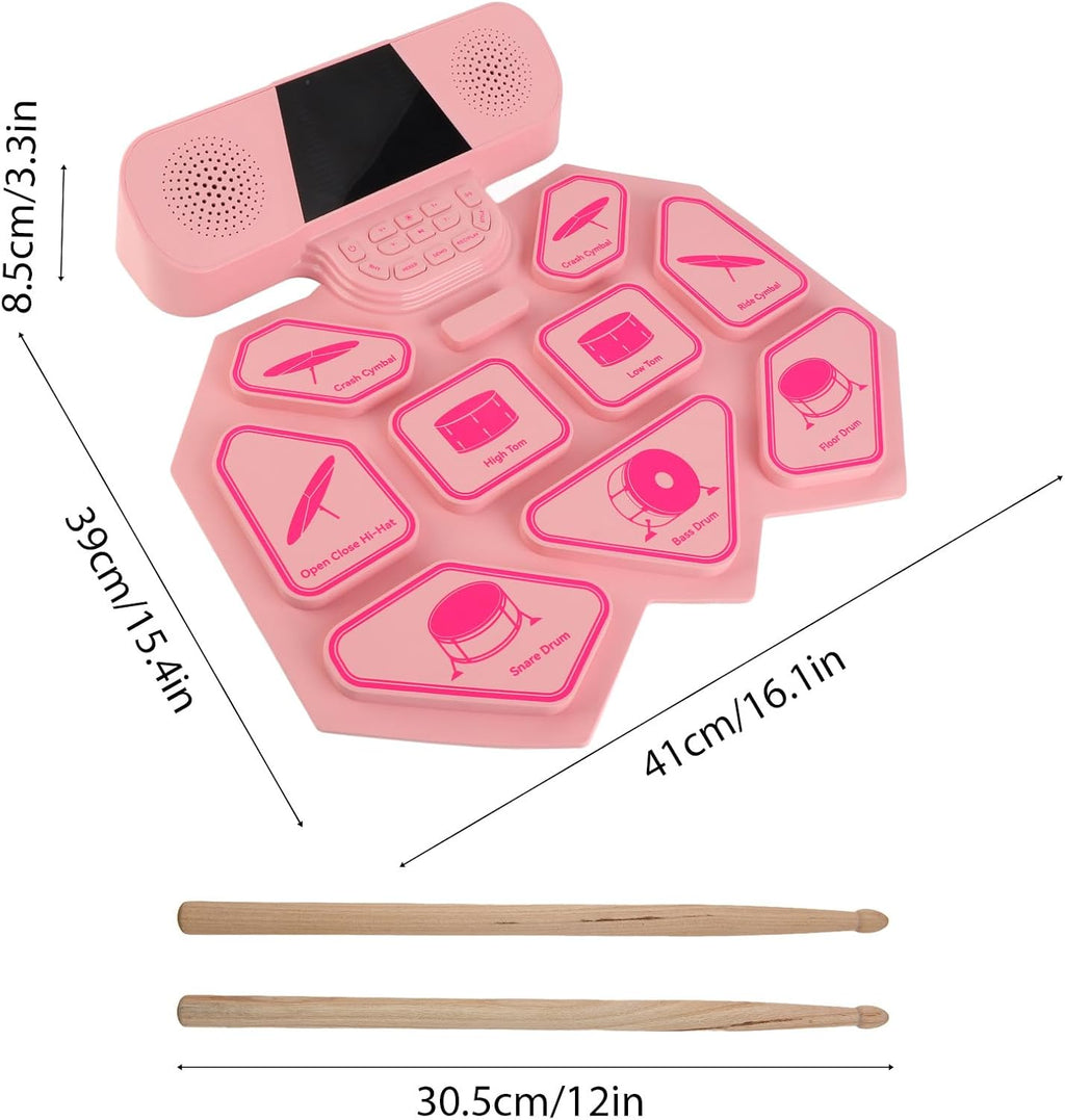 Eujgoov DM300 Dual Speaker Color Electronic Drums Extra Thick Percussion Pad Silicone Hand Rolled Electronic Drums 9 DrumPads with Mallet Foot Pedal MIDI Phantom Light Function (Pink)