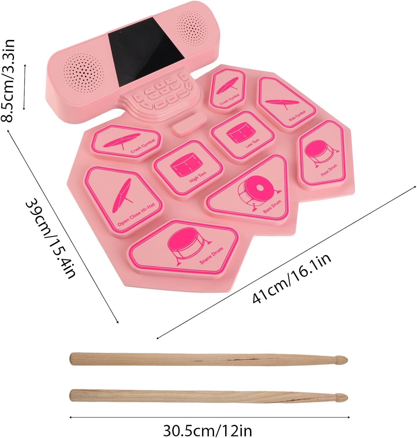 Eujgoov DM300 Dual Speaker Color Electronic Drums Extra Thick Percussion Pad Silicone Hand Rolled Electronic Drums 9 DrumPads with Mallet Foot Pedal MIDI Phantom Light Function (Pink)