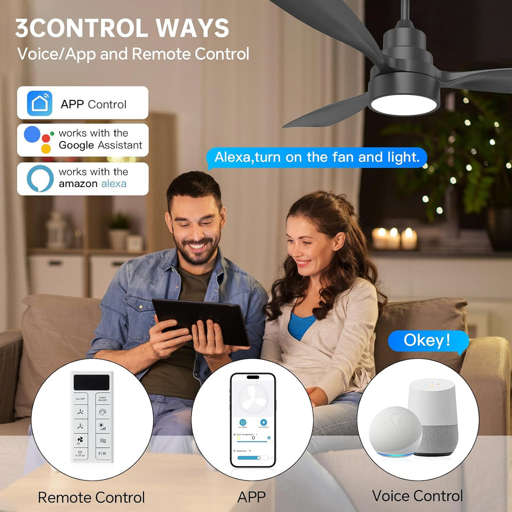 CACI Mall 48 inch Smart Ceiling Fans with Lights, Black, Low Profile, Modern, 3 Blades, Solid Wood, Remote Control, Work with Alexa/Google, Outdoor Indoor Ceiling Fans for Patio Living Room Bedroom