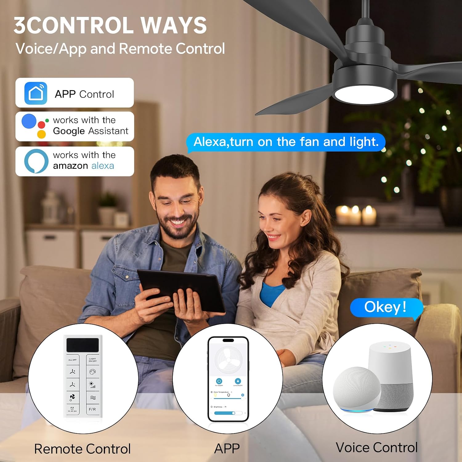 CACI Mall 48 inch Smart Ceiling Fans with Lights, Black, Low Profile, Modern, 3 Blades, Solid Wood, Remote Control, Work with Alexa/Google, Outdoor Indoor Ceiling Fans for Patio Living Room Bedroom