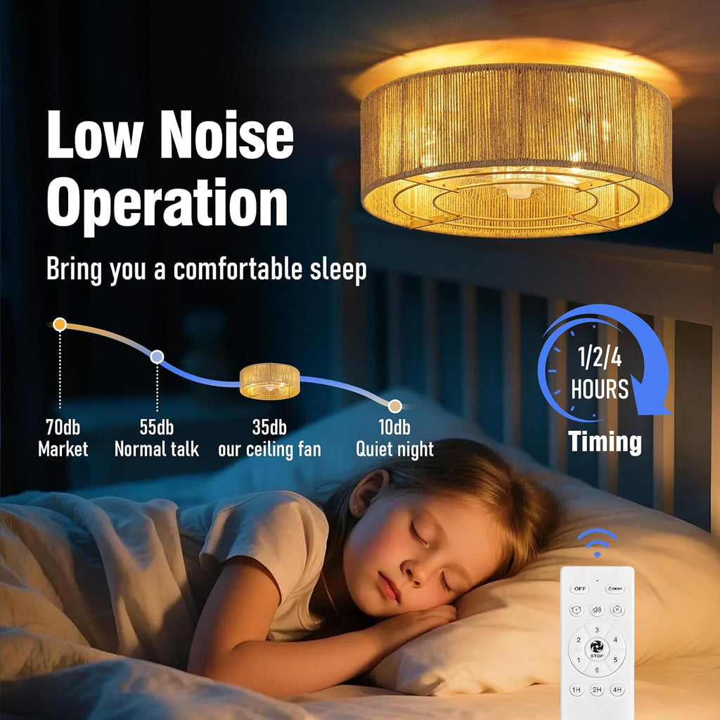 Cage Ceiling Fan with Light,Rattan Ceiling Fan with Light and Remote Control,Enclosed Low Profile Caged Design, 6 Speed Quiet Reversible Motor for Bedroom, Living Room, Porch, Nursery
