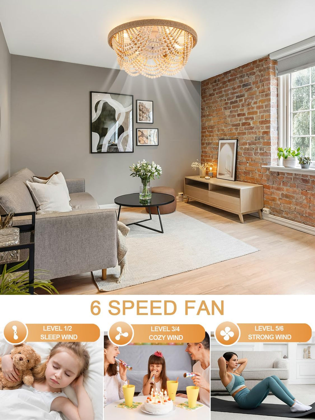 20'' Boho Fandelier Ceiling Fan with Lights Remote Control Flush Mount Chandelier Ceiling Fan for Bedroom Wood Beaded Coastal Chandelier Light for Living Room, 6 Speeds Reversible Quiet