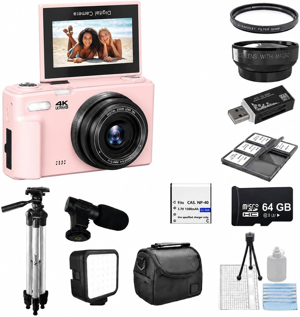 Acuvar 4K 64MP Digital Camera Kit for Photography, Vlogging Camera for YouTube with Flip Screen, WiFi, Wide Angle & Macro Lens, 64GB Micro SD Card, 50' Tripod, Case, Card Reader, Mic, LED Light