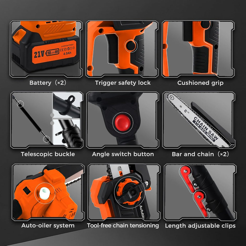 8'' Electric Pole Saws for Tree Trimming, Cordless 2-in-1 Pole Saw & Mini Chainsaw with Extension Pole, Battery Powered with 2x4.0Ah Batteries and Charger, Max 16FT Reach for Pruning