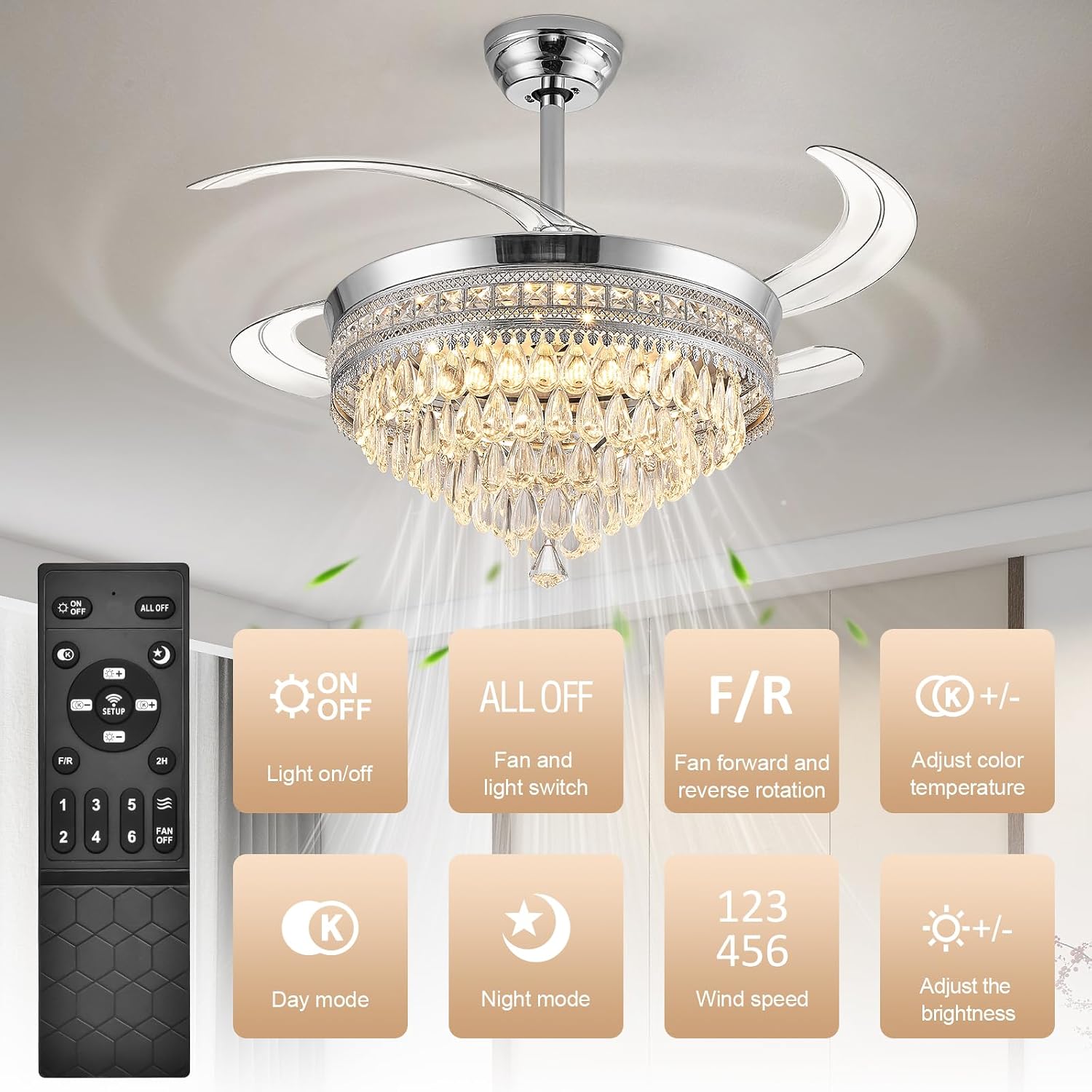 Baotree Chandelier Ceiling Fan with Lights and Remote,42 Inch Modern Flush Mount for Bedroom Indoor, Dimmable LED,Bluetooth Connection,Energy Efficient Quiet Retractable Blades (42 in White)