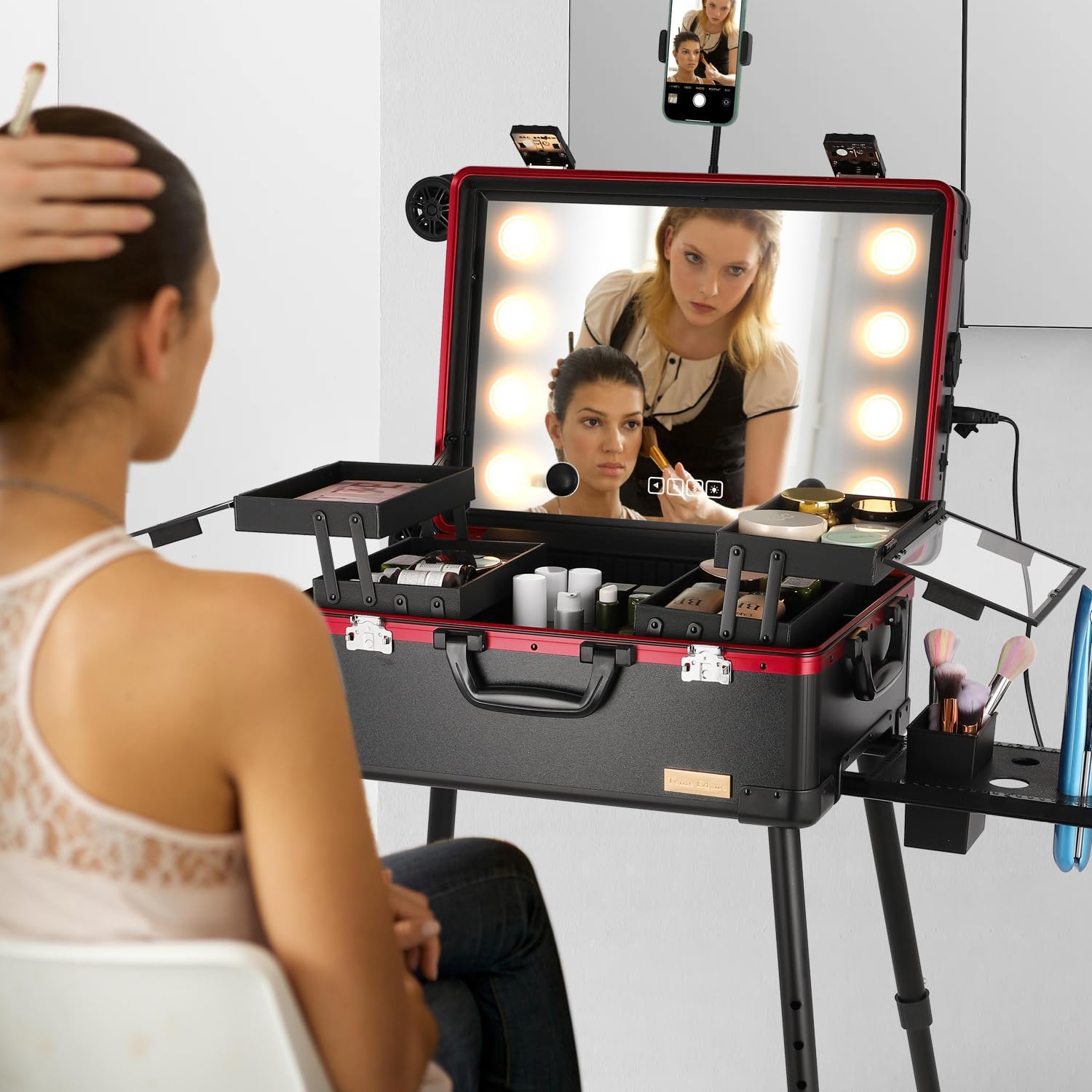20' Aluminum Ligthed Makeup Train Case with LED Lights Professional Cosmetic Organizer Studio with Speaker, Wheels and Stands Rolling Trolley Makeup Vanity Station for Travel (Black)