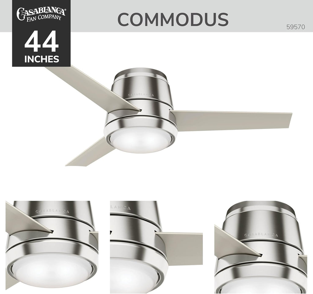 Casablanca 44 inch Indoor Ceiling Fan with LED Light - Low Profile Flush Mount Ceiling Fan for Bedroom, Living Room, or Kitchen, Wall Control, 3 Blades, Includes Bulb - Commodus 59570, Brushed Nickel