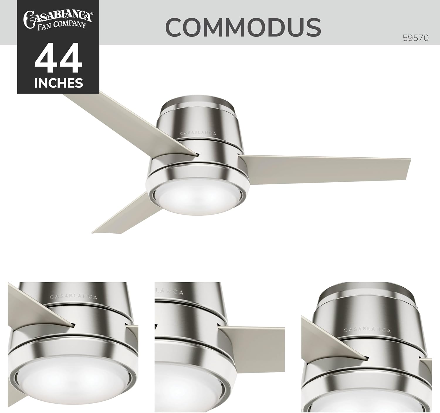 Casablanca 44 inch Indoor Ceiling Fan with LED Light - Low Profile Flush Mount Ceiling Fan for Bedroom, Living Room, or Kitchen, Wall Control, 3 Blades, Includes Bulb - Commodus 59570, Brushed Nickel