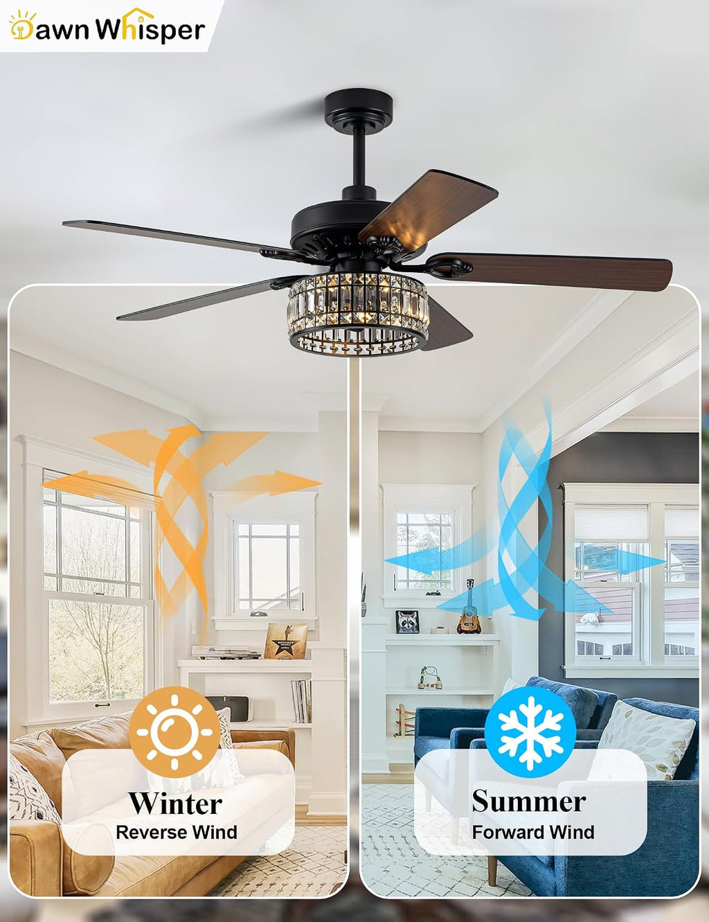 Dawn Whisper 52 Inch Black Crystal Chandelier Ceiling Fans with Lights Modern Farmhouse Vintage Ceiling Fans for Living Room Bedroom Quiet Reversible DC Motor 6 Speeds 3*E26 Light Bulbs Base