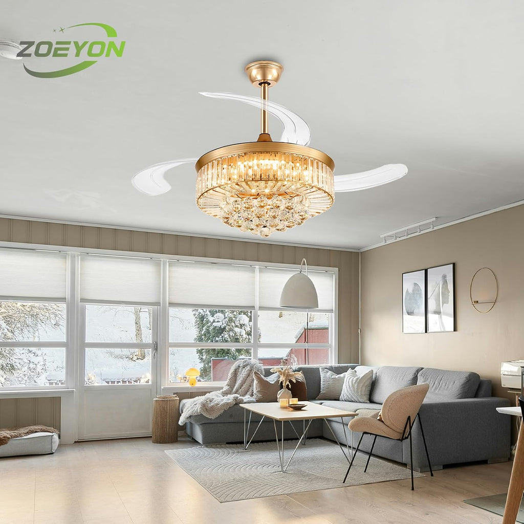 42 Inch Fandelier Ceiling Fans with Light - Retractable Crystal Ceiling Fan and Remote/APP Control, Noiseless DC Motor, RGB Dimmable Lights, Chandelier Ceiling Fan for Bedroom/Living Room Etc