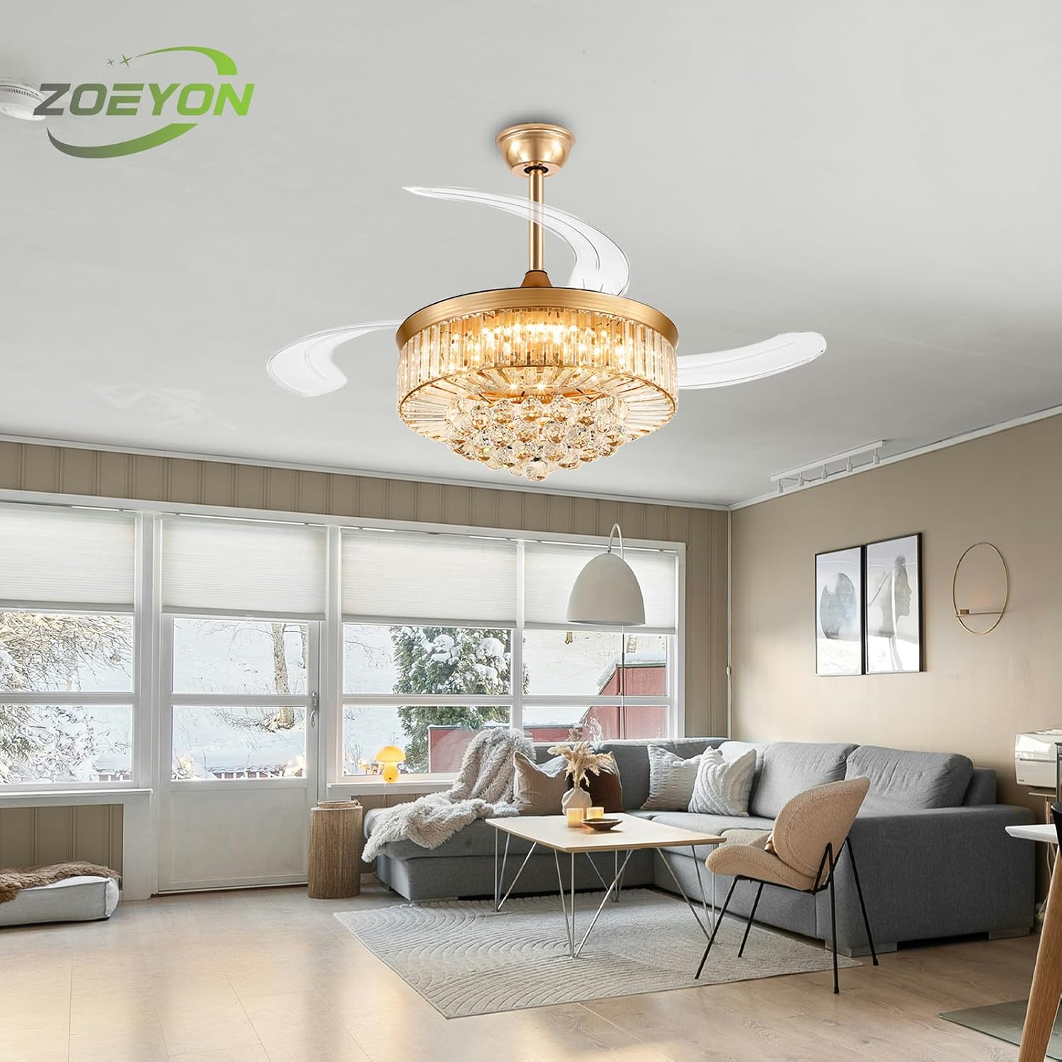 42 Inch Fandelier Ceiling Fans with Light - Retractable Crystal Ceiling Fan and Remote/APP Control, Noiseless DC Motor, RGB Dimmable Lights, Chandelier Ceiling Fan for Bedroom/Living Room Etc