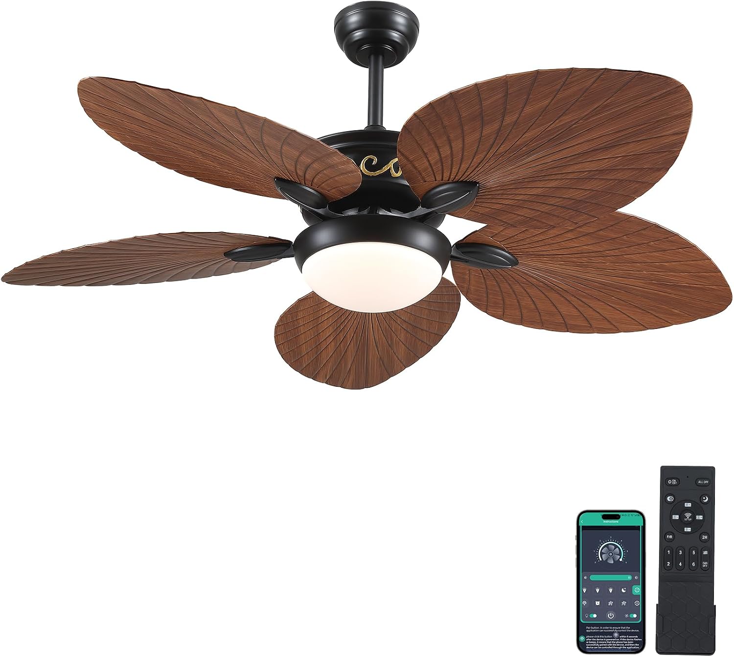 Wiviniya 52 Inch Tropical Ceiling Fans with Lights, Palm Leaf Outdoor Ceiling Fan with Light for Patios Porch Bedroom, Remote/APP Control, Reversible Quiet DC Motor, Dimmable LED, Brown