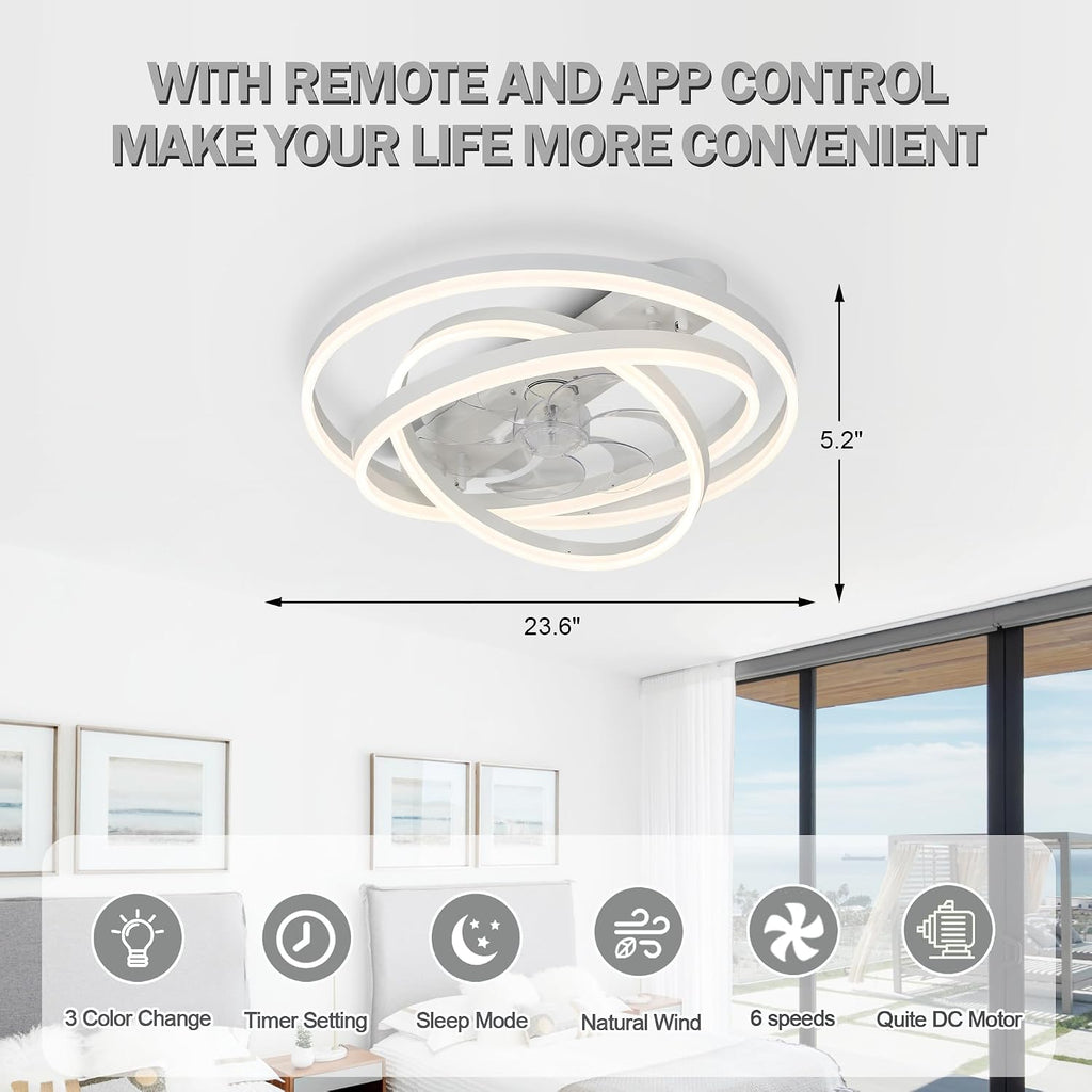 Low Profile Ceiling Fan with Light, Flush Mount Ceiling Fan with Lights 6 Speed Dimmable Ceiling Fans with Lights and Remote and App Control for Bedroom