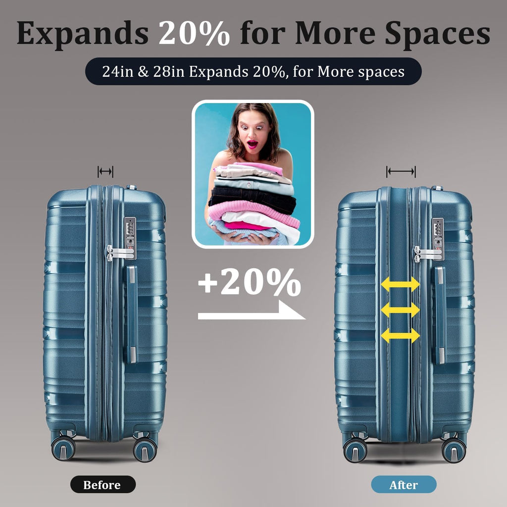 TRAVELEO 4 Piece Luggage Set PP Hardshell, Expandable Suitcase Set (20/24/28) with 14' Cosmetic Case, Lightweight Spinner Wheels with TSA Lock, Detachable Wheels for Nesting Storage (Peacock Blue)